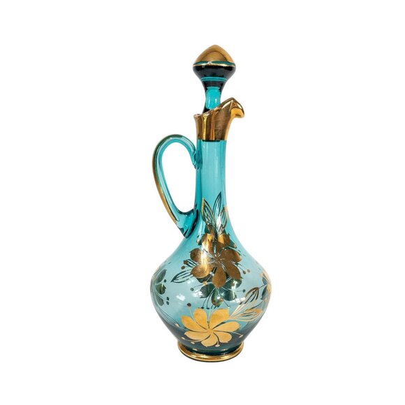 Vintage Romanian Blue Glass Decanter Gold Floral MCM Antique Genie Bottle - Picture 1 of 13